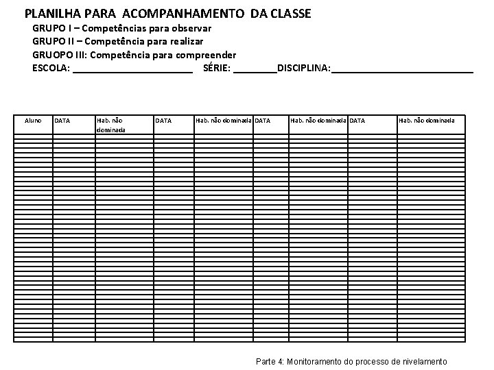 PLANILHA PARA ACOMPANHAMENTO DA CLASSE GRUPO I – Competências para observar GRUPO II –