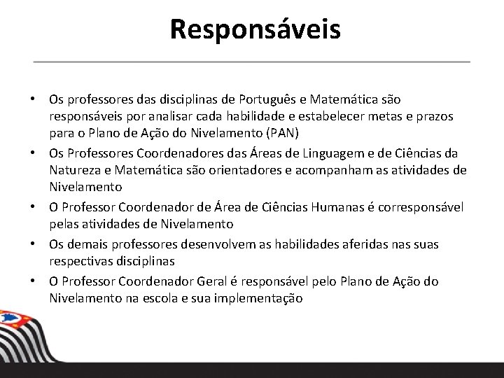 Responsáveis • Os professores das disciplinas de Português e Matemática são responsáveis por analisar