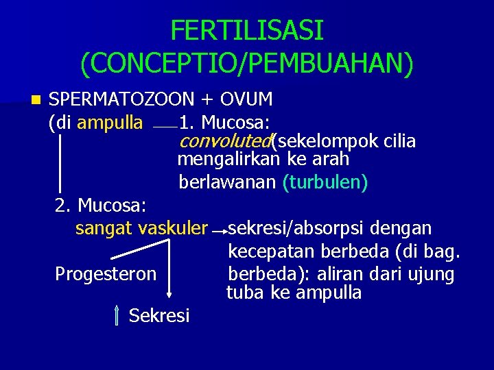 FERTILISASI (CONCEPTIO/PEMBUAHAN) n SPERMATOZOON + OVUM (di ampulla 1. Mucosa: convoluted(sekelompok cilia mengalirkan ke