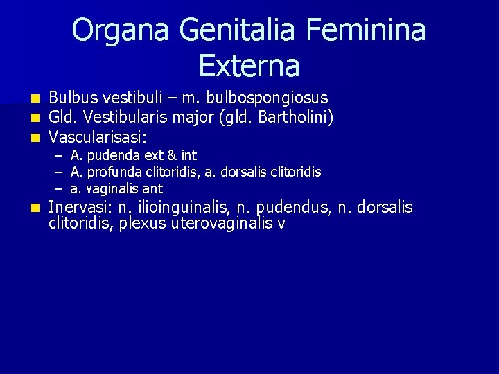 Organa Genitalia Feminina Externa n n n Bulbus vestibuli – m. bulbospongiosus Gld. Vestibularis