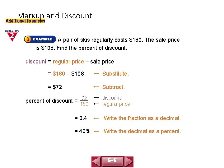 Markup and Discount COURSE 3 LESSON 6 -6 A pair of skis regularly costs