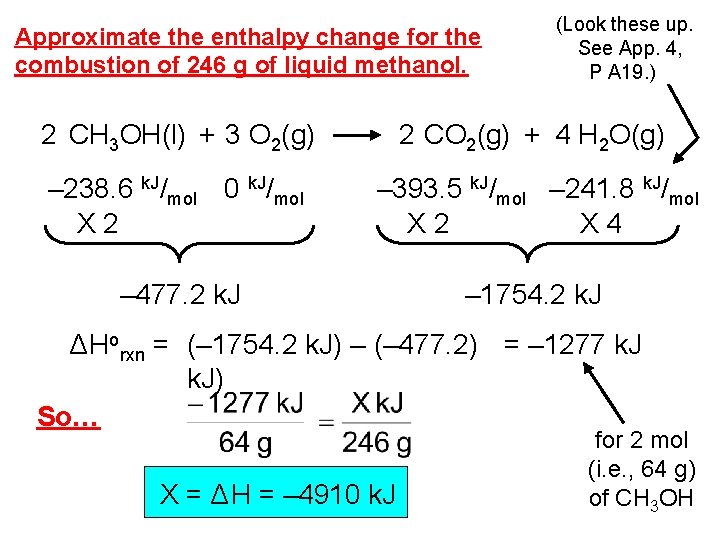Approximate the enthalpy change for the combustion of 246 g of liquid methanol. (Look