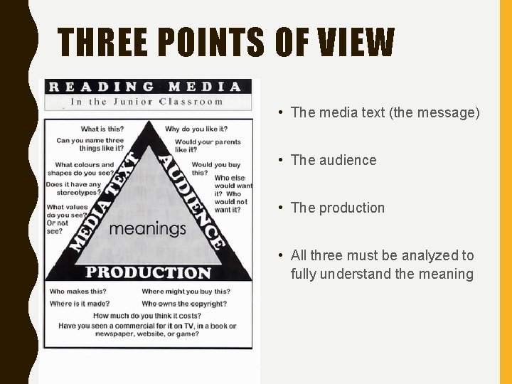 THREE POINTS OF VIEW • The media text (the message) • The audience •