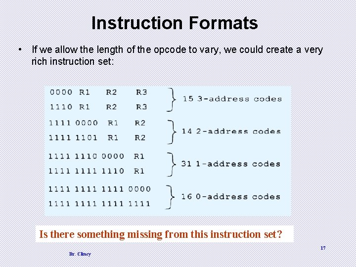 Instruction Formats • If we allow the length of the opcode to vary, we