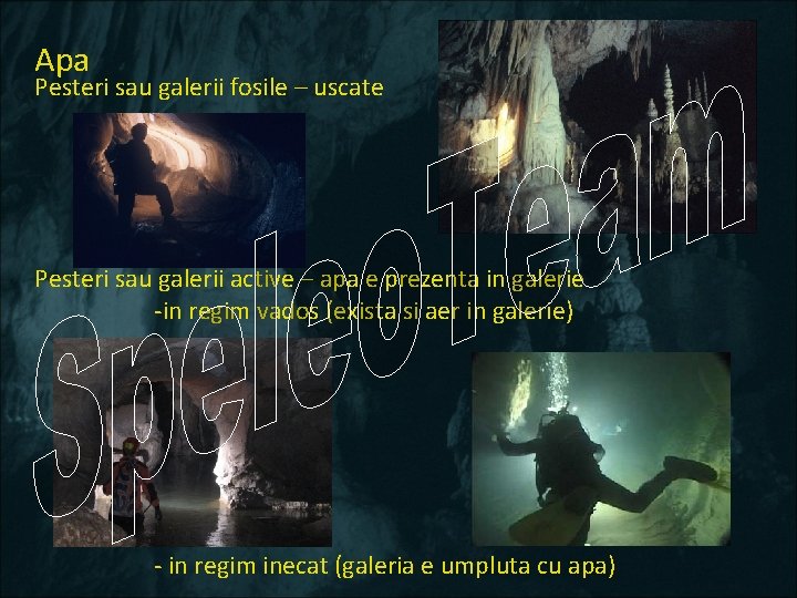 Apa Pesteri sau galerii fosile – uscate Pesteri sau galerii active – apa e