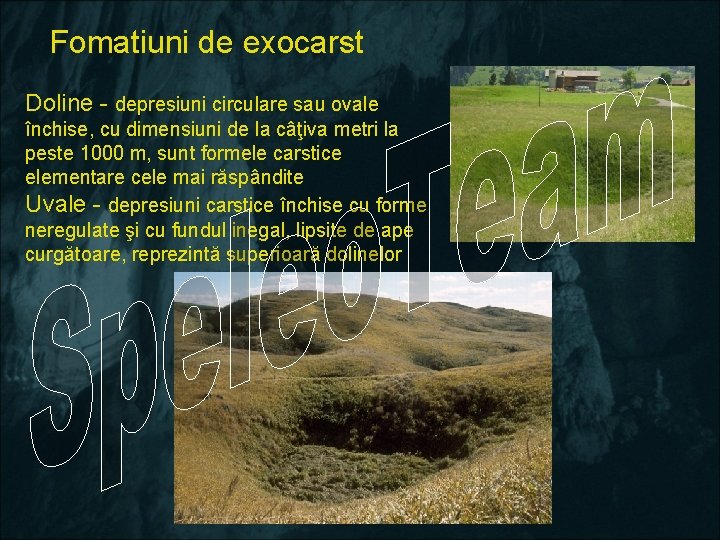 Fomatiuni de exocarst Doline - depresiuni circulare sau ovale închise, cu dimensiuni de la