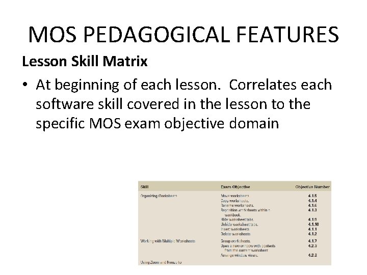 MOS PEDAGOGICAL FEATURES Lesson Skill Matrix • At beginning of each lesson. Correlates each