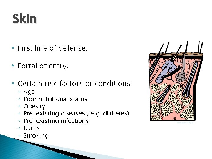 Skin First line of defense. Portal of entry. Certain risk factors or conditions: ◦ Skin First line of defense. Portal of entry. Certain risk factors or conditions: ◦