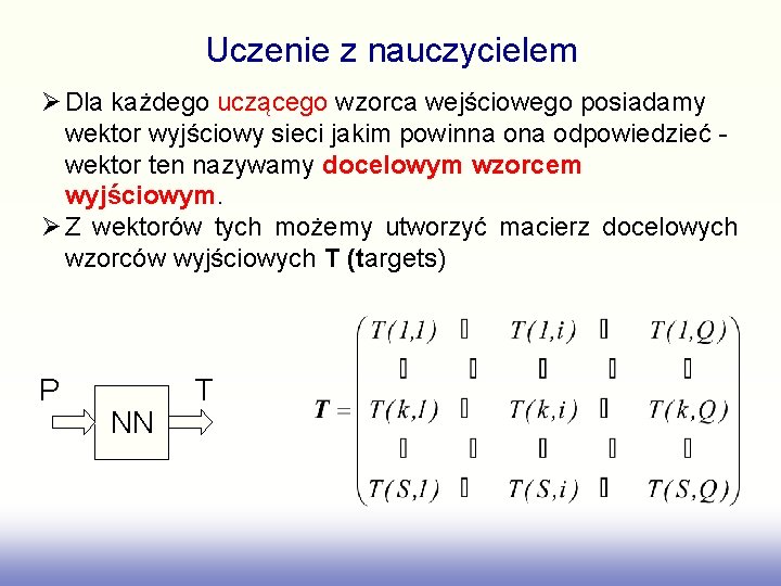 Uczenie z nauczycielem Dla każdego uczącego wzorca wejściowego posiadamy wektor wyjściowy sieci jakim powinna