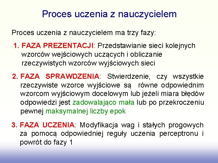 Proces uczenia z nauczycielem ma trzy fazy: 1. FAZA PREZENTACJI: Przedstawianie sieci kolejnych wzorców