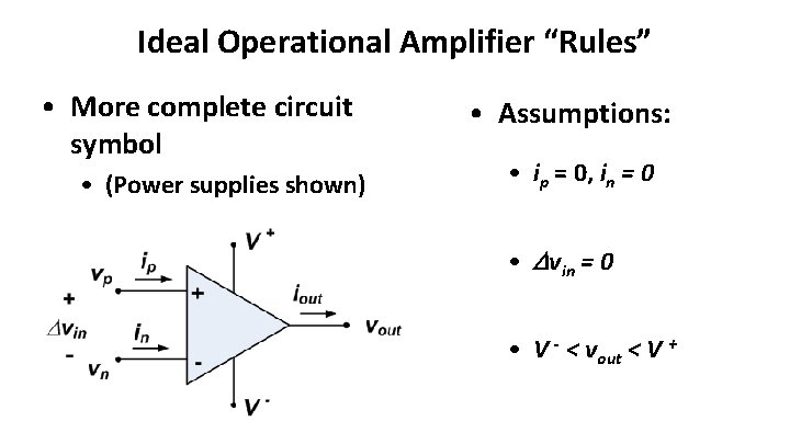 Ideal Operational Amplifier “Rules” • More complete circuit symbol • (Power supplies shown) •