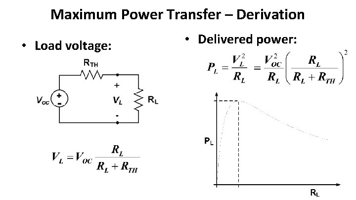 Maximum Power Transfer – Derivation • Load voltage: • Delivered power: 