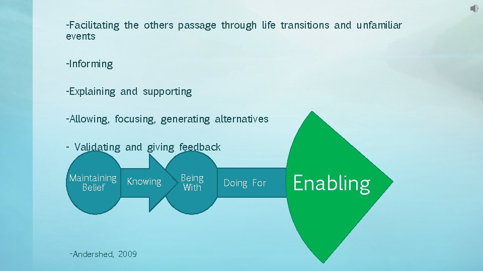 -Facilitating the others passage through life transitions and unfamiliar events -Informing -Explaining and supporting -Facilitating the others passage through life transitions and unfamiliar events -Informing -Explaining and supporting