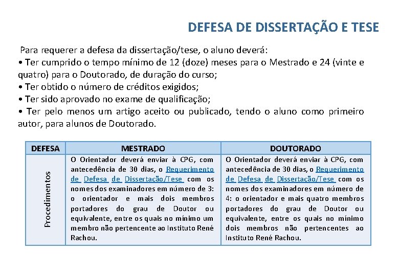 DEFESA DE DISSERTAÇÃO E TESE DEFESA MESTRADO DOUTORADO Procedimentos Para requerer a defesa da