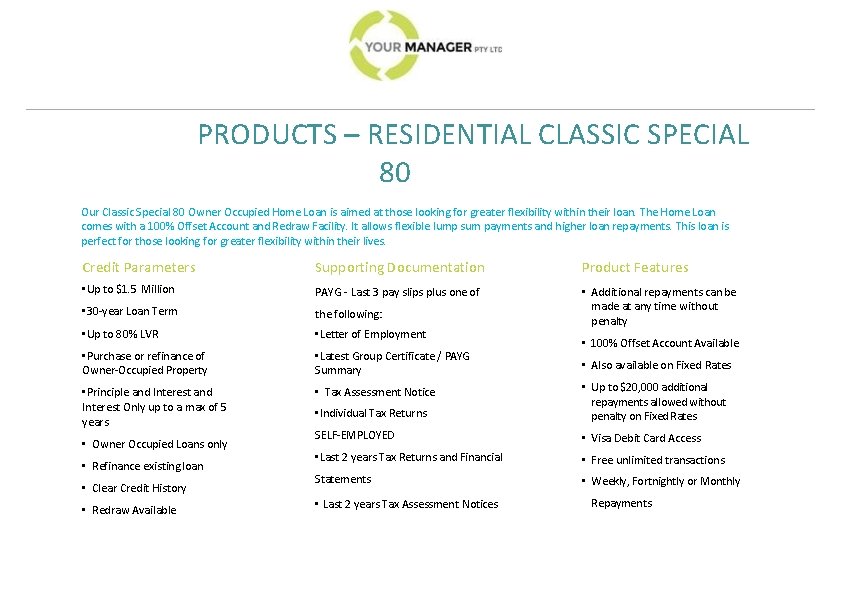 PRODUCTS – RESIDENTIAL CLASSIC SPECIAL 80 Our Classic Special 80 Owner Occupied Home Loan