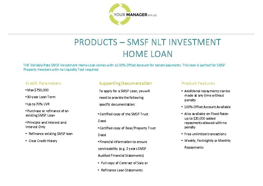 PRODUCTS – SMSF NLT INVESTMENT HOME LOAN THE Variable Rate SMSF Investment Home Loan