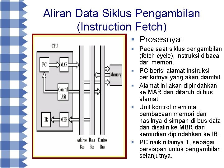 Aliran Data Siklus Pengambilan (Instruction Fetch) § Prosesnya: § Pada saat siklus pengambilan (fetch
