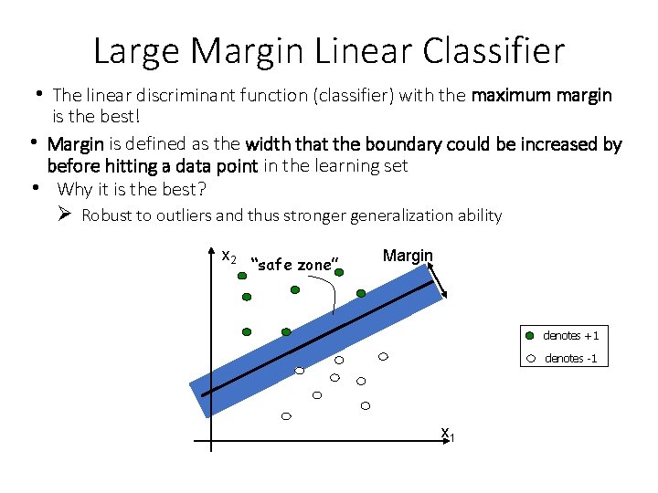 Large Margin Linear Classifier • The linear discriminant function (classifier) with the maximum margin
