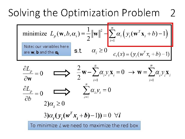 Solving the Optimization Problem 2 Note: our variables here are w, b and the