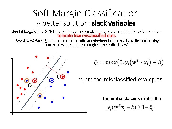 Soft Margin Classification A better solution: slack variables Soft Margin: The SVM try to