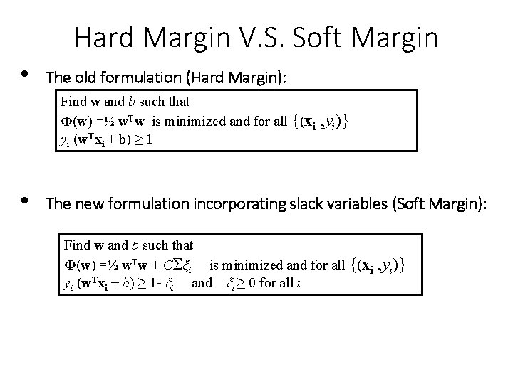 Hard Margin V. S. Soft Margin • The old formulation (Hard Margin): Find w