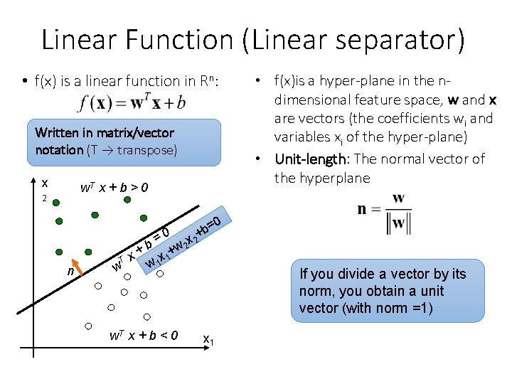 Linear Function (Linear separator) • f(x) is a linear function in Rn: Written in