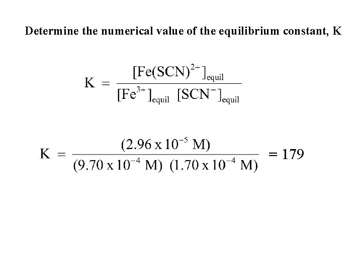 Determine the numerical value of the equilibrium constant, K = 179 