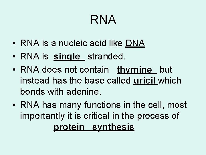 RNA • RNA is a nucleic acid like DNA • RNA is single stranded.