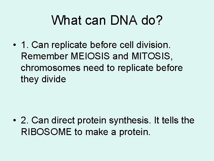 What can DNA do? • 1. Can replicate before cell division. Remember MEIOSIS and