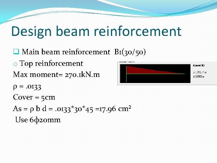 Design beam reinforcement q Main beam reinforcement B 1(30/50) o Top reinforcement Max moment=