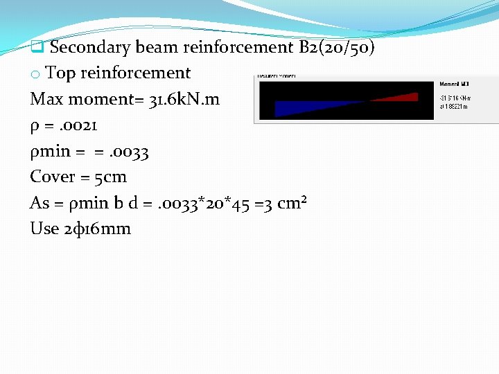 q Secondary beam reinforcement B 2(20/50) o Top reinforcement Max moment= 31. 6 k.