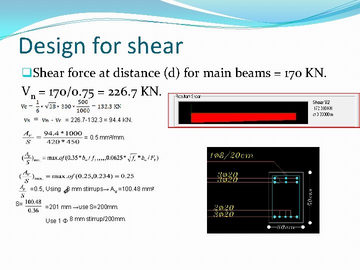 Design for shear q. Shear force at distance (d) for main beams = 170