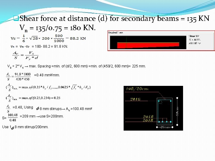 q. Shear force at distance (d) for secondary beams = 135 KN Vn =