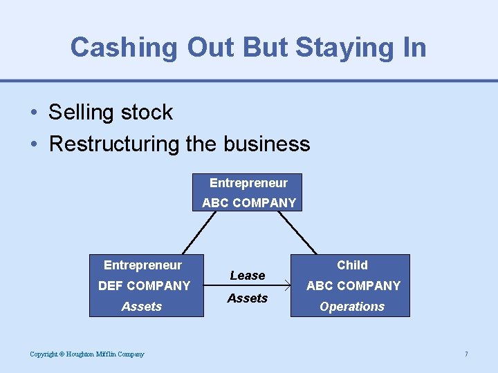 Cashing Out But Staying In • Selling stock • Restructuring the business Entrepreneur ABC