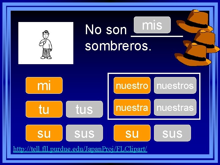 mis No son _______ sombreros. mi nuestros tu tus su sus nuestras su http: