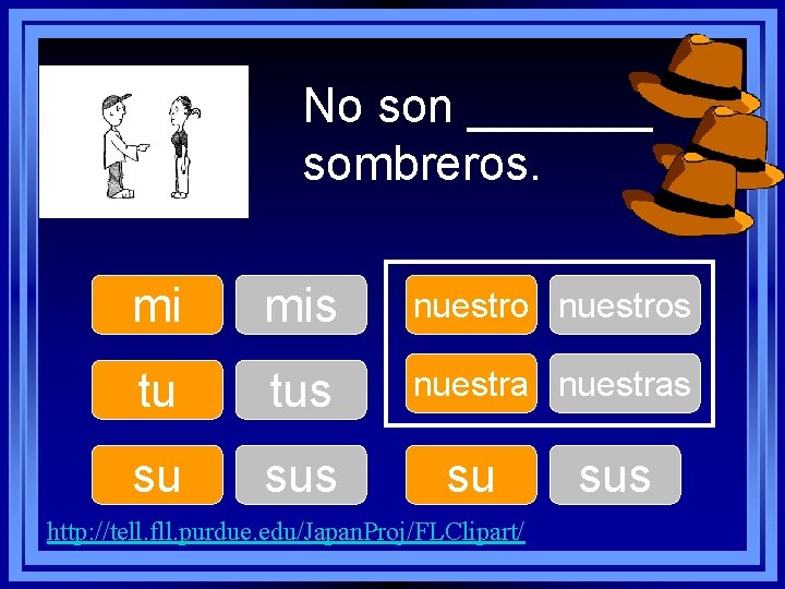 No son _______ sombreros. mi mis nuestros tu tus nuestras su sus su http: