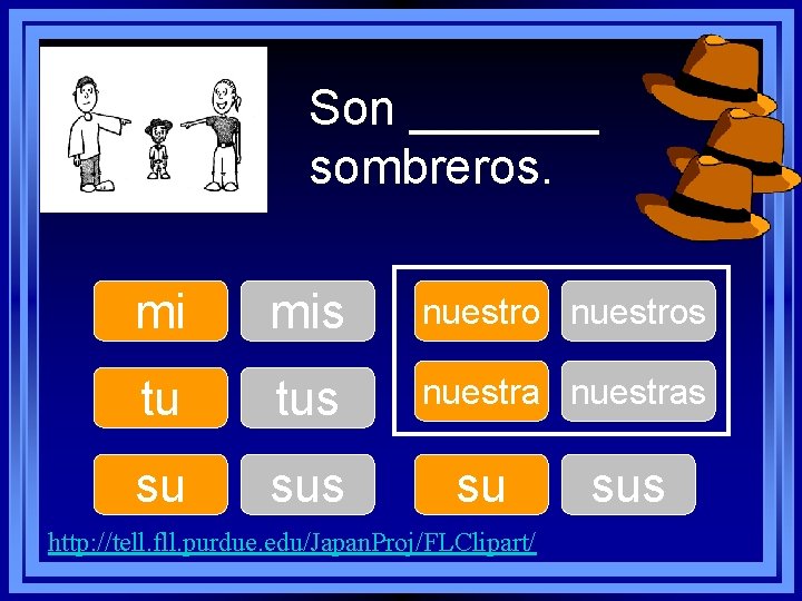 Son _______ sombreros. mi mis nuestros tu tus nuestras su sus su http: //tell.