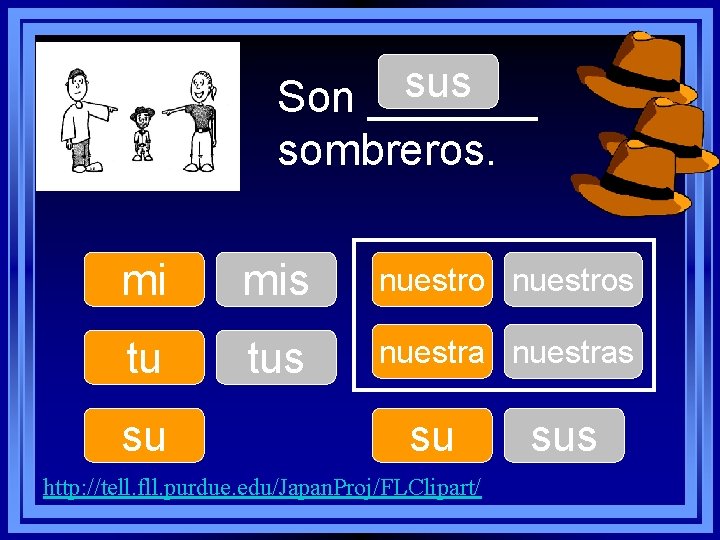 sus Son _______ sombreros. mi mis nuestros tu tus nuestras su su http: //tell.