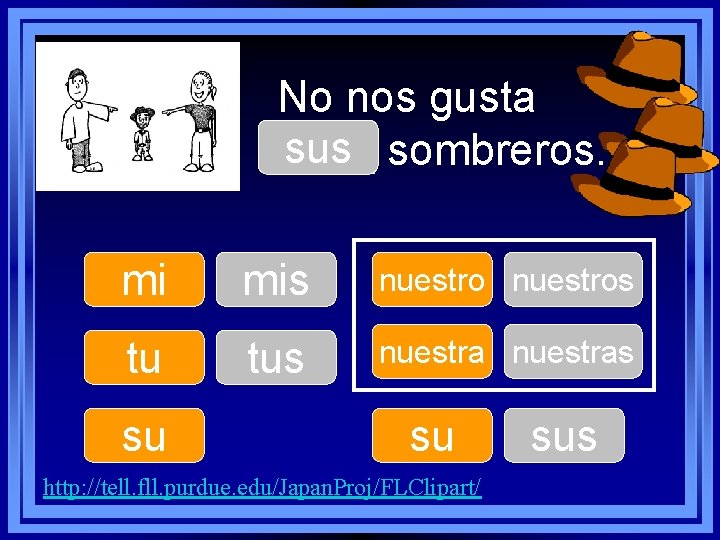 No nos gusta sus sombreros. ____ mi mis nuestros tu tus nuestras su su