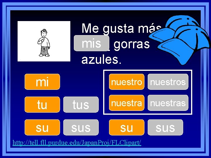 Me gusta más mis gorras ____ azules. mi nuestros tu tus su sus nuestras