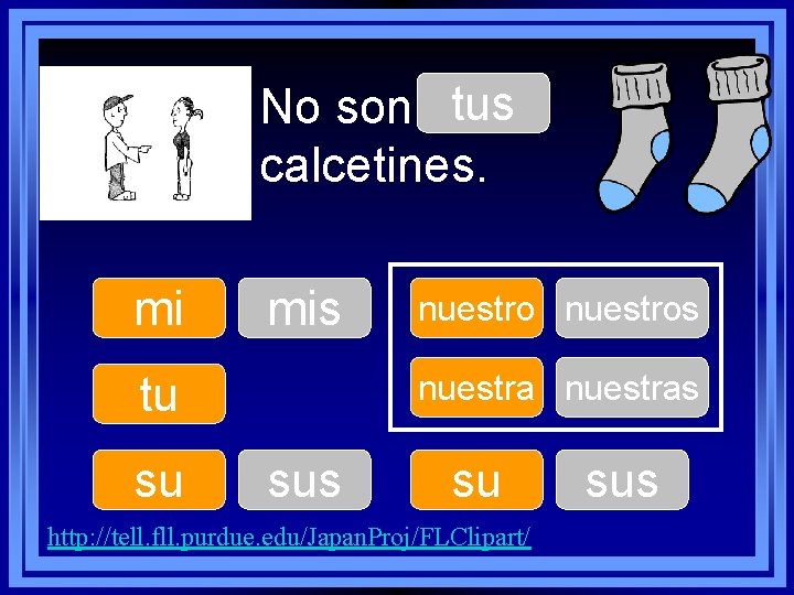 tus No son ____ calcetines. mi mis tu su nuestros nuestras su http: //tell.