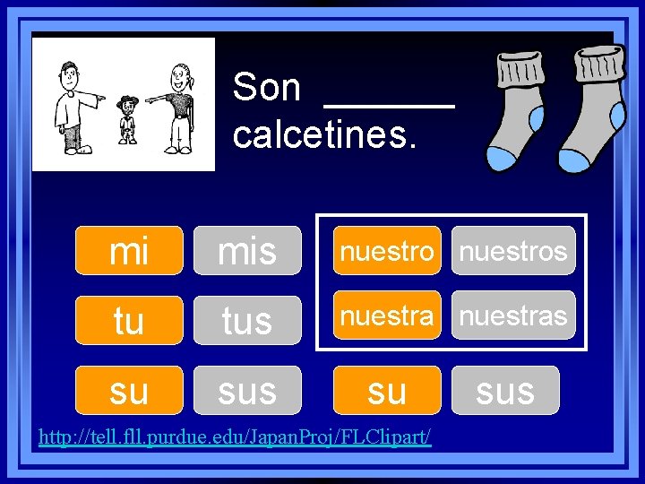 Son ______ calcetines. mi mis nuestros tu tus nuestras su sus su http: //tell.