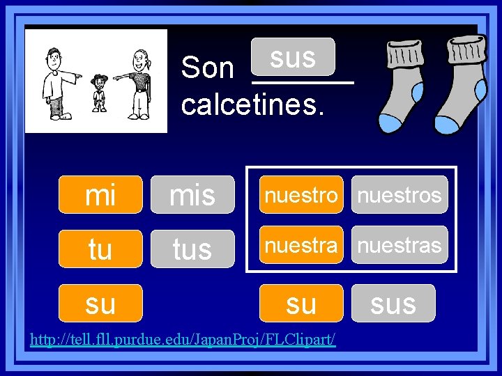 sus Son ______ calcetines. mi mis nuestros tu tus nuestras su su http: //tell.