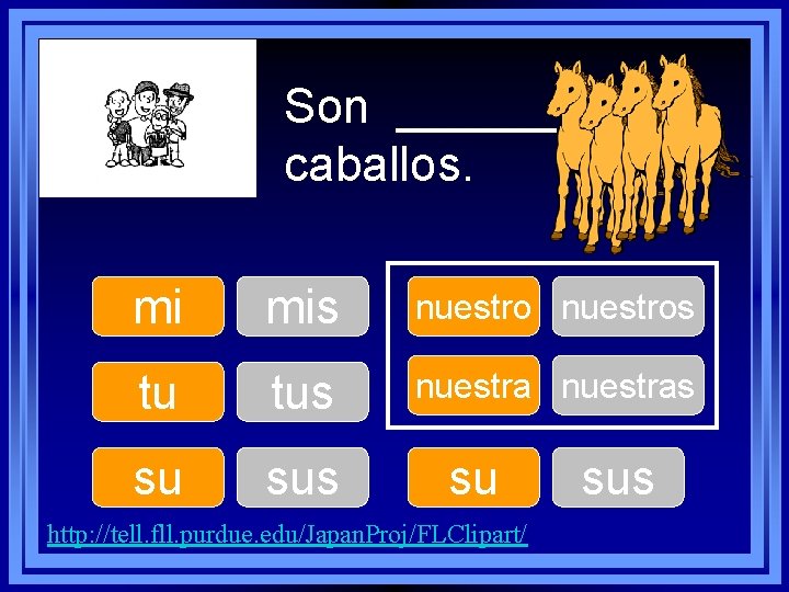 Son ______ caballos. mi mis nuestros tu tus nuestras su sus su http: //tell.