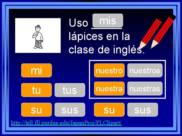 mis Uso _____ lápices en la clase de inglés. mi nuestros tu tus su