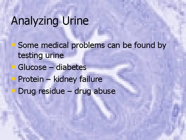 Analyzing Urine • Some medical problems can be found by testing urine • Glucose