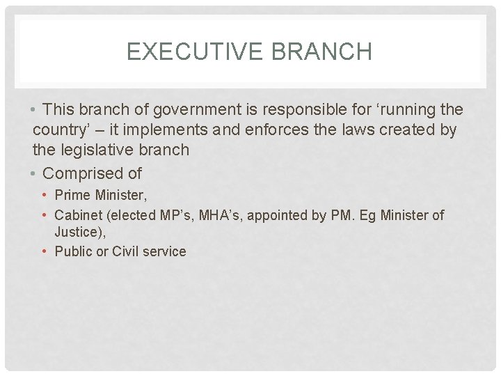 EXECUTIVE BRANCH • This branch of government is responsible for ‘running the country’ –