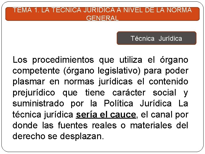 TEMA 1. LA TÉCNICA JURÍDICA A NIVEL DE LA NORMA GENERAL Técnica Jurídica Los