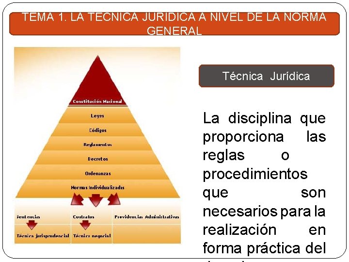 TEMA 1. LA TÉCNICA JURÍDICA A NIVEL DE LA NORMA GENERAL Técnica Jurídica La