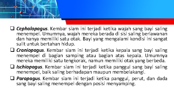 q Cephalopagus. Kembar siam ini terjadi ketika wajah sang bayi saling menempel. Umumnya, wajah